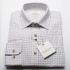 100% Cotton brushed Tattersall Small Cream Navy Brown check, Regular fit shirt with Single breast pocket and two button adjustable single cuff. Barcodes: 104210041160